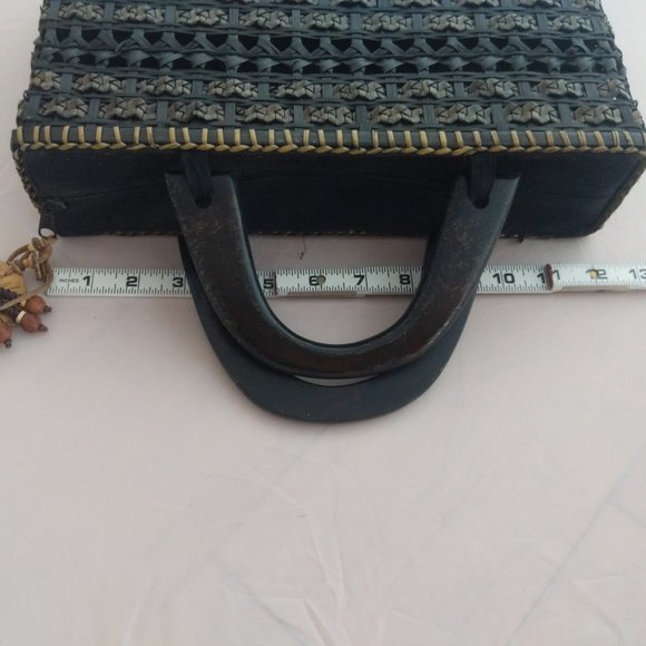 Vintage black woven straw and fabric rectangle box handbag made in Thailand - Picture 9 of 11